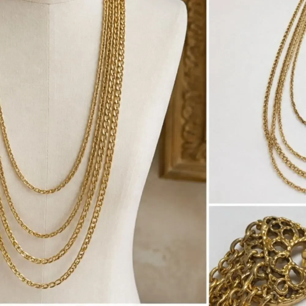 Vintage Goldette Multi Strand Gold Tone Chain Necklace Statement Layered 60s 70s